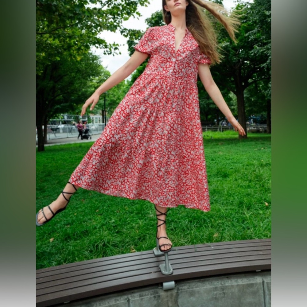 Zara long floral print dress in red with short sleeves, XS